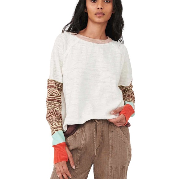 Free People Tops - Free People Jordan Mix Knit Tee Medium White Long Sleeve Knit Thumbholes Boho